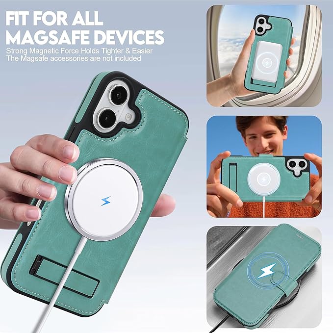 CIVICASE for iPhone 17 Wallet Case with Stand,PU Leather Flip Credit Card Holder Slots (RFID Blocking),Compatible with Magsafe Magnetic Holder Phone Cover Women Men,Green