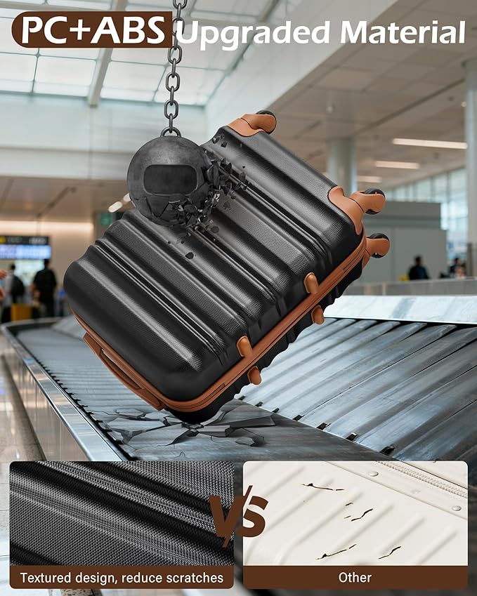 LONG VACATION 6 Piece Luggage Set Carry on Suitcase with ABS+PC hardshell, Spinner Wheels & YKK Zipper TSA Lock (BLACK-BROWN, 6 piece set)