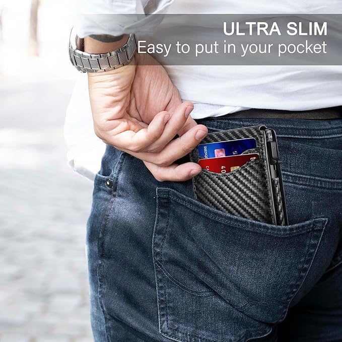 Wallet for Men, Pop Up Bank Credit Card Holder Case, RFID Blocking, Compact, Smart, Slim, Minimalist, Thin, 11 Cards Capacitiy | ID Window | Aluminum Metal | Carbon Fiber Pattern | Women (Black)