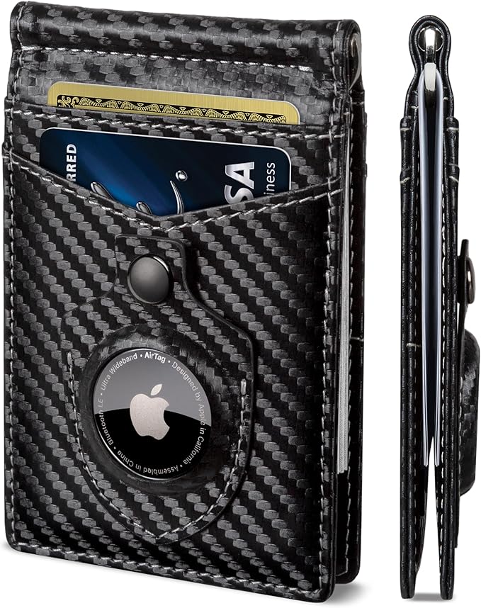 SERMAN BRANDS AirTag Wallet - RFID Blocking Mens Minimalist Money Clip Wallet for Airtag - Full Grain Leather - Slim Bifold. Front Pocket for Air tag Wallets for men. Gift (Carbon Air)