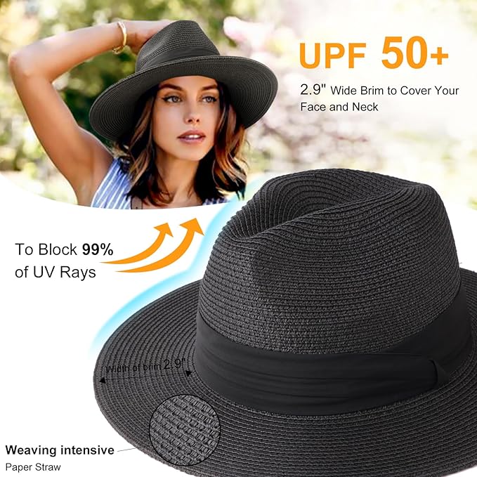 DRESHOW Women Straw Panama Hat Travel Fedora Beach Sun Hat Summer Wide Brim Straw Roll up Hat UPF 50+