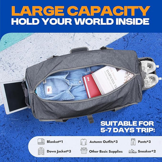 Canway 65L Travel Duffel Bag, Foldable Weekender Bag with Shoes Compartment for Men Women Large Packable Travel Bag Water-proof & Tear Resistant (Textured Grey, 65L)