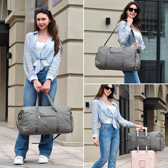 Carry on luaggage 22x14x9 Airlines Approved, Foldable Travel Duffel Bags Weekender Overnight Carry on Duffel Luggage Gym Duffle Bag with Wet Pocket & Shoe Compartment for Women Men(Grey, 40L)