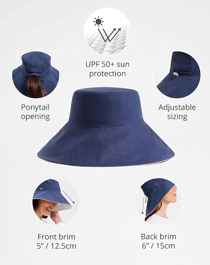 Solbari Women’s Ultra-Wide Cotton Linen Sun Hat UPF 50+, Packable, Adjustable with Ponytail Hole for Travel, Beach & Outdoors