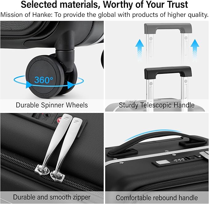 Hanke 20 Inch Carry On Luggage with Cup Holder and Charge,Top Opening Hard Shell Suitcases with Wheels and Dividers,Aluminum Frame Trunk Luggage Small Suitcase with Lock for Travel,Jet Black