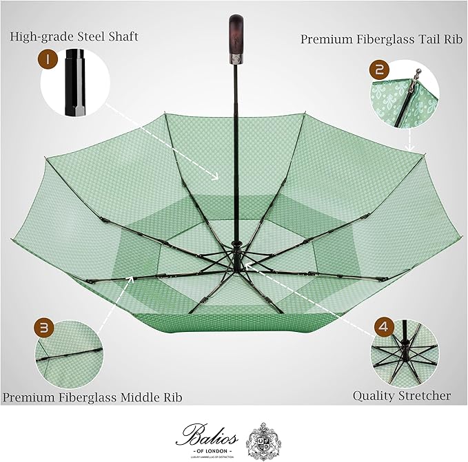 Balios Travel Folding Umbrella with Real Wood Handle Auto Open Close Vented Windproof Canopy - Designed in UK