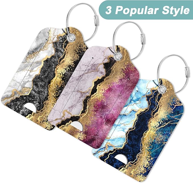 Rimilak 3 Pcs PU Leather Luggage Tags for Suitcase, Travel Cruise Luggage Tag with Privacy Flap, Name ID Label and Metal Loop for Women Men Baggage Handbag School Bag Backpack, Flow Marble