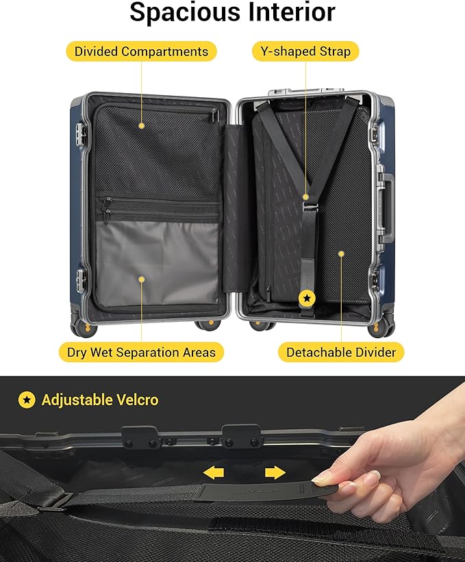 LEVEL8 Carry On Luggage Airline Approved Zipperless with Aluminum Frame, Hard Case Luggage with Spinner Wheels, Metal Travel Suitcase with Packing Organizers, 20 Inch, Blue