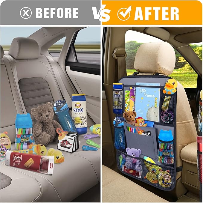 Car Backseat Organizer with 11" Table Holder, 10 Storage Pockets Seat Back Protectors Kick Mats for Kids Toddlers, Travel Accessories, 2 Pack, Gray