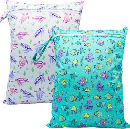 Wet Dry Bag Waterproof Reusable Wet Bag for Swimsuit, Travel, Beach, Pool, Bathing Suit, Diapers, Dirty Yoga Gym Clothes Daycare Organizer One Zippered Pocket (fish turtle)