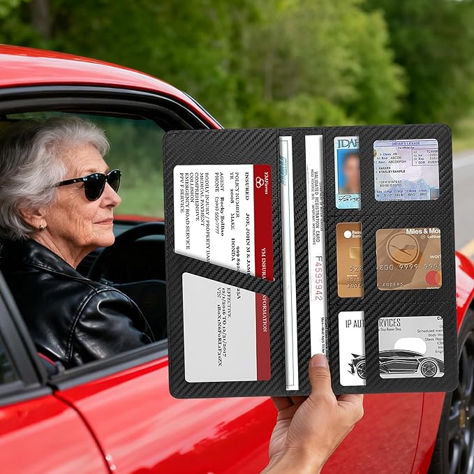 Car Registration and Insurance Holder with Magnetic Shut, Vehicle License Document Glove Box Compartment Organizer - For Documents, License, Cards