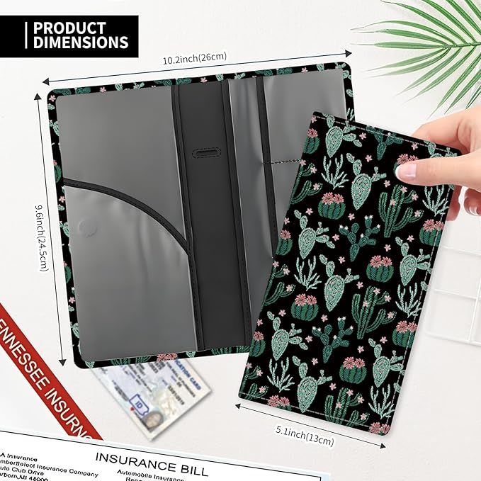 Leather Car Registration and Insurance Card Holder, Cute Car Accessories Vehicle Glove Box Car Organizer for Documents, Cards, License Cute Cactus