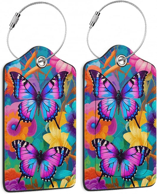 2 Pack Luggage Tag for Suitcase,Groovy Flowers Butterflies Leather Suitcase Tags Identifiers with Privacy Name Address Labels and Durable Steel Loop for Women Men Travel