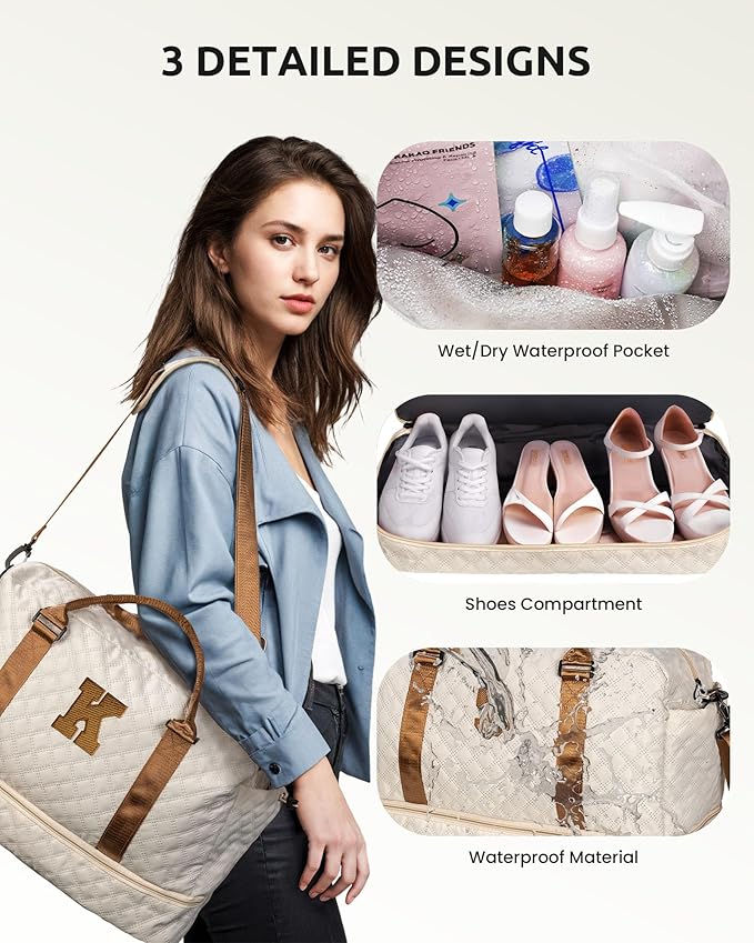 Vogewood Personalized Gifts-Initial Duffle Bag with Shoe Compartment, Personalized Weekender Bag, Monogram Overnight Bag, Letter Travel Bag with Makeup Bag，Birthday Gift for Grandma (Letter O), Beige