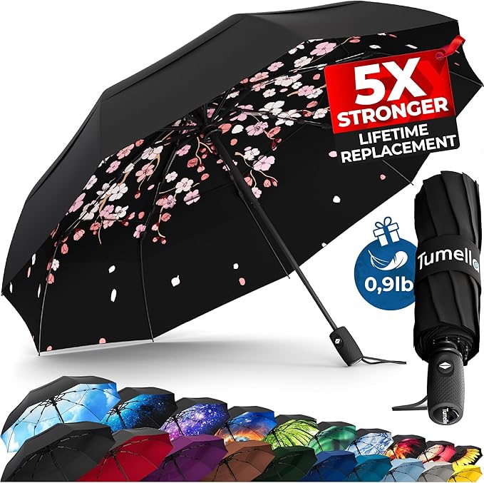 TUMELLA Strongest Windproof Travel Umbrella (Compact, Superior & Beautiful), Small Strong but Light Portable and Automatic Folding Rain Umbrella, Durable Premium Grip, Fits Car & Backpack