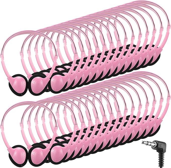 Konohan 30 Pack Headphones Bulk Headphone for School Classroom Student Wired Headphones Adjustable with 3.5 mm Jack for Adults (Pink)