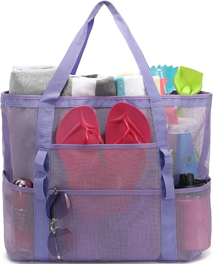 Mesh Beach Bag, Large Beach Tote with Zipper Pocket for Family Pool Bag for Toys & Vacation Essentials
