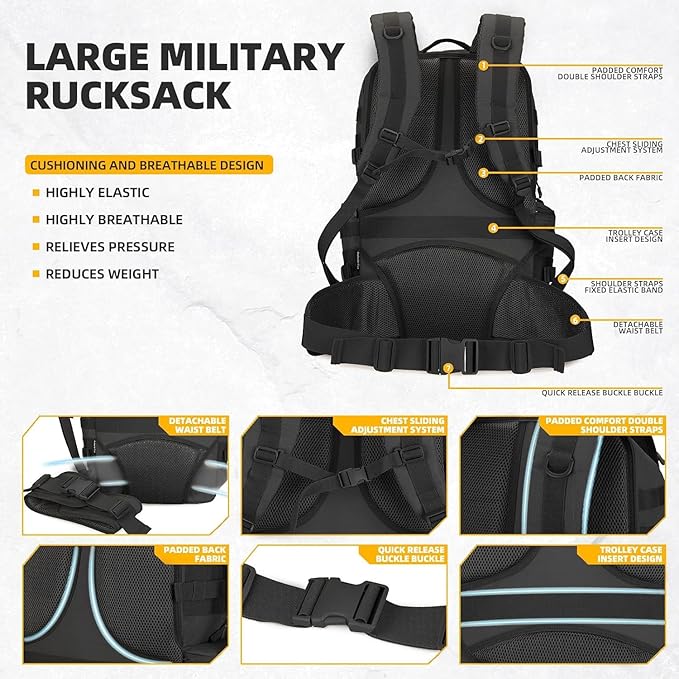 HongXingHai 50L Military Tactical Backpack 3 Day Assault Pack Molle Daypack Hiking Backpack for Men and Women (Black)