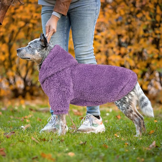 Fuzzy Dog Sweaters for Large Dogs Dog Hoodie Soft Double-Sided Plush Fleece Pet Sweater Pet Clothes Coats Hoodie Sherpa Hooded Sweatshirt(Purple-XL)