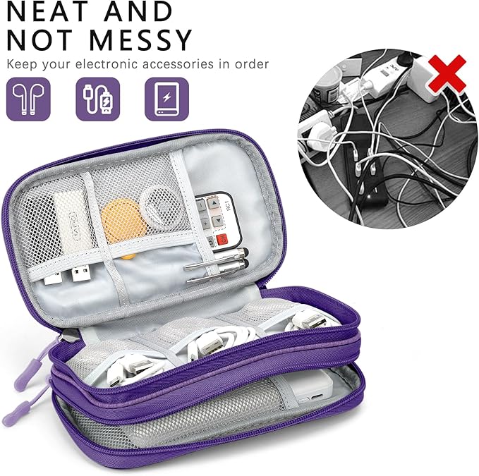 Skycase Electronic Organizer Travel Case - Waterproof Travel Cord Pouches for Organization, Cable Organizer, All-in-One Double Layers Storage Bag for Accessories, Charger, Cable,PurpleL