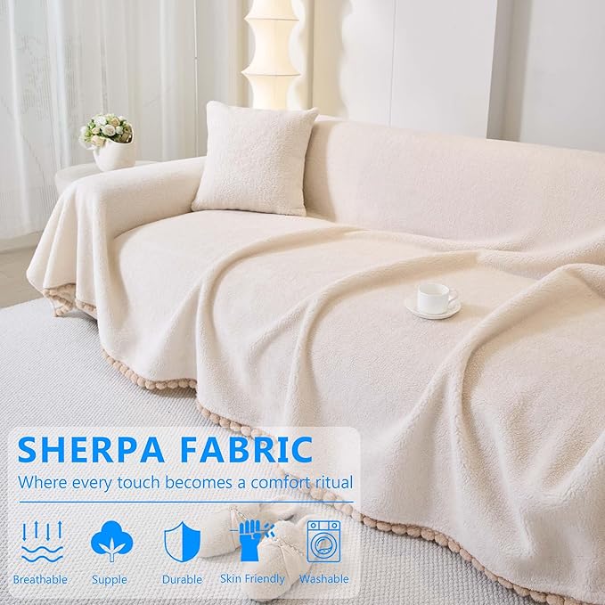 Sherpa Fleece Couch Cover for 2 Cushion Sofa, Beige, 71" x 118" – Pet Proof Sofa Covers, Heavy Duty, Scratch Resistant, Pet Friendly Furniture Cover – Easy Install, Machine Washable