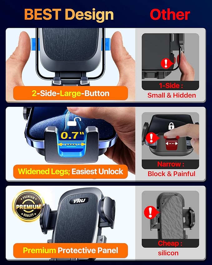 YRU True Military-Grade [360° Rotation Suction] 2025 Ultimate Car Phone Holder Mount 【90+LBS Safest Strongest & Patent Certs】 Dashboard Windshield Vent for iPhone 17 16 Pro Max Samsung, Jet Black