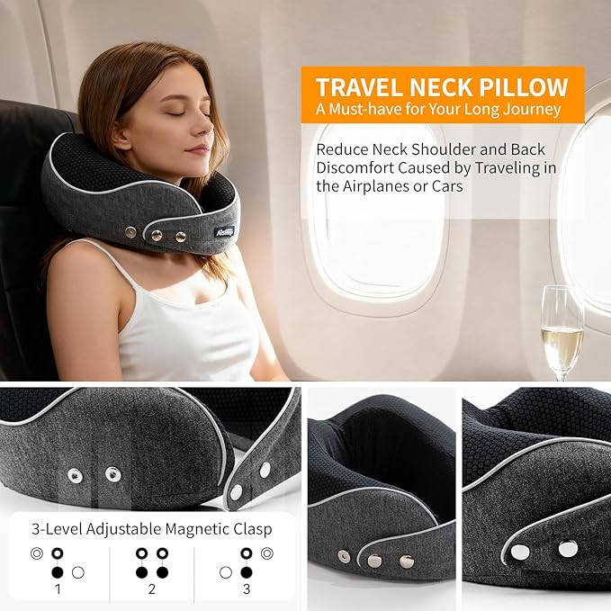 Travel Pillow, Memory Foam Neck Pillow Airplane, Travel Pillows for Airplanes, 360º Ergonomic Design Travel Neck Pillow for Travel, Car Rides, and Home, Ideal for Adults and Kids