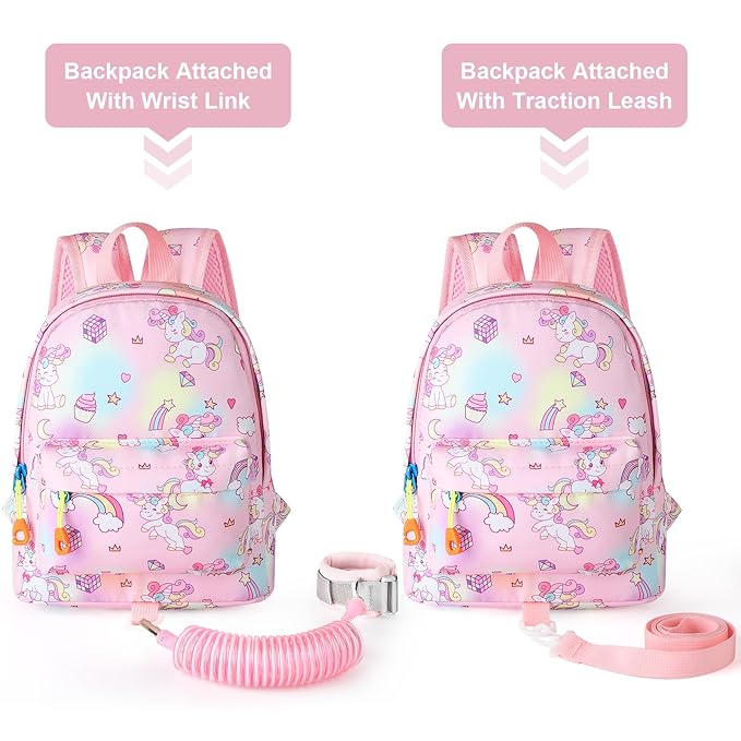Accmor Toddler Backpack Leash with Anti Lost Wrist Link, Cute Mini Child Walking Harnesses Keep Kids Close Back Pack Rope Tether Rein for Baby Girls (Pink Colorful/Unicorn)