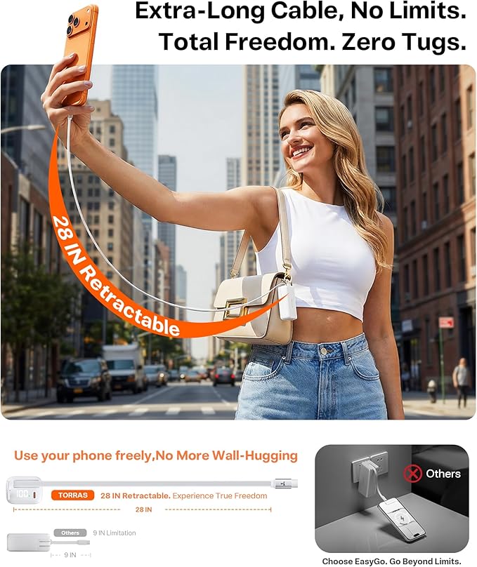 TORRAS EasyGo 3-in-1 Portable Charger Power Bank with Wall Plug & Retractable USB-C Cable, Fast Charging 10000mAh Battery Pack for iPhone 17/16/15, Samsung, Laptop, MacBook - Travel Essential