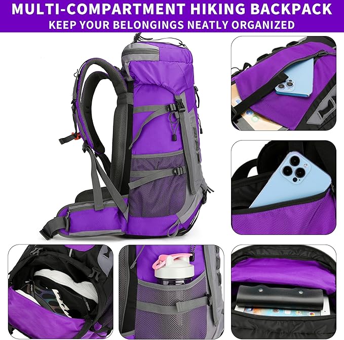 75L Hiking Backpack with Rain Cover Waterproof Camping Backpack Shoes Warehouse for Men Women, Frameless