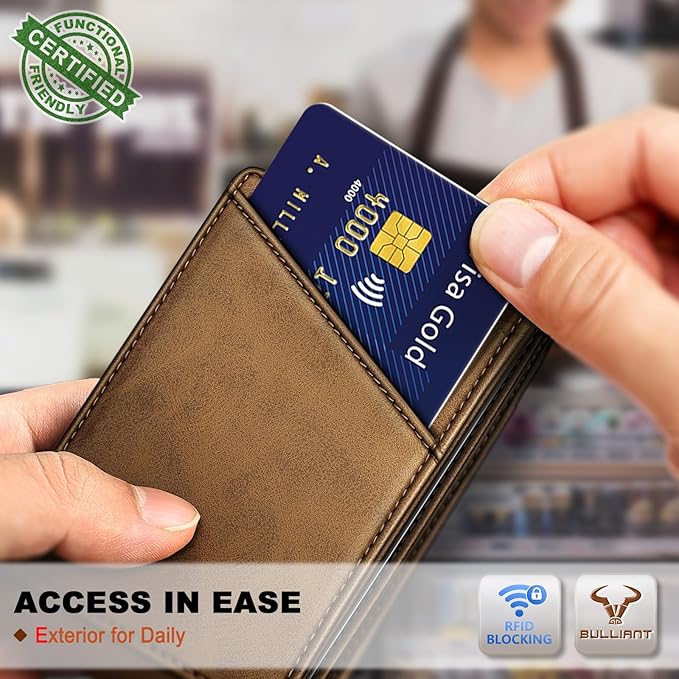 BULLIANT Men Wallet,Slim Leather Wallet Money Clip Magnetic Closure Simplifed Bill Folder 10Cards RFID Blocking 4.3"×3"