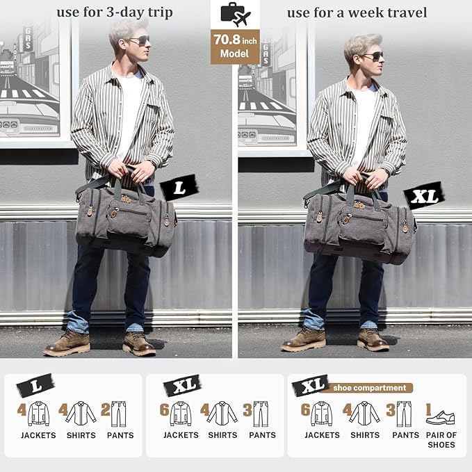 Gonex Canvas Duffle Bag for Travel 50L Expandable Duffel Weekend Overnight Bag men (Gray)