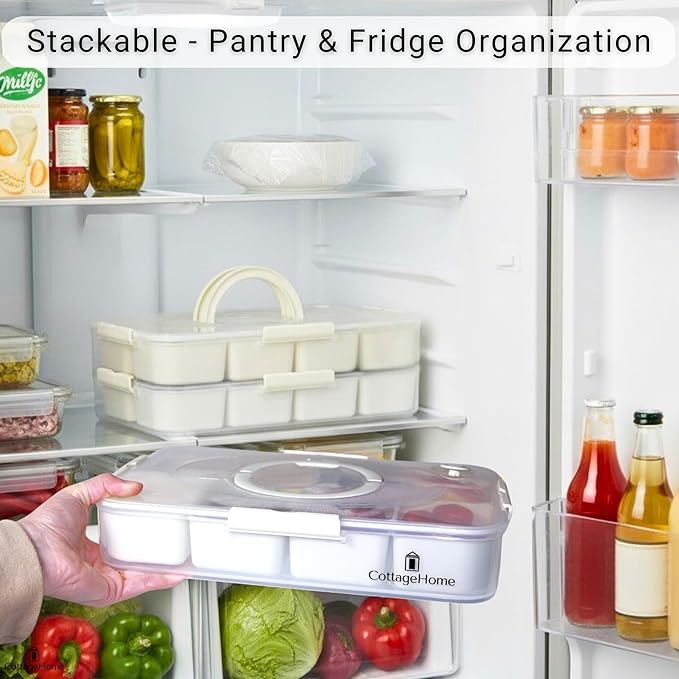 Snackle Box Container with 8 Removable Compartments - 2 Pack Divided Serving Tray with Lid and Handle for Candy, Fruits, Veggies, Nuts, Snacks - Dishwasher Safe, Reusable Travel Snack Box