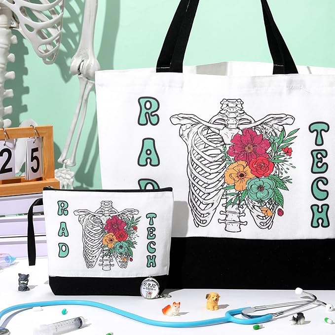Kacctyen 3 Pcs Radiologic Technology Gifts Fine Canvas Tote Bag Cute Makeup Cosmetic Bag Radiologic Technologist Appreciation Keychains Rad Tech Gifts for Women Female Birthday