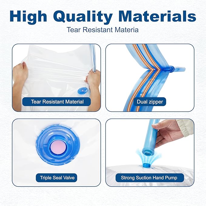 HOUSE DAY 10 Large Vacuum Storage Bags with Pump,Space Saving Vacuum Seal Bags For Clothing Travel, Vacuum Storage Bags For Clothes, Comforters, Blankets, Pillows, Moving, Reusable & Durable,Hand Pump