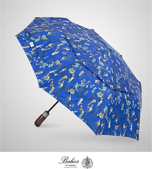 Balios Travel Folding Umbrella with Real Wood Handle Auto Open Close Vented Windproof Canopy - Designed in UK