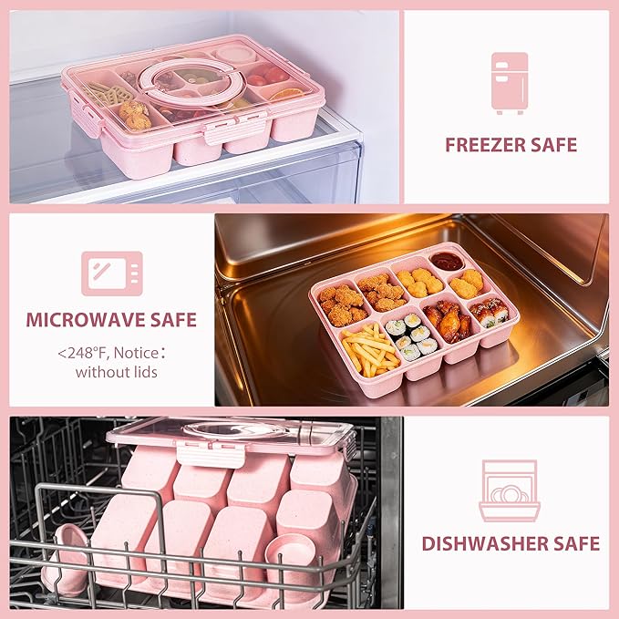 Wheat Straw Snackle Box Container,Dishwasher Safe-9 Compartment Divided Serving Tray with Lid and Handle, Built-in Dip Containers,BPA-Free,Pink