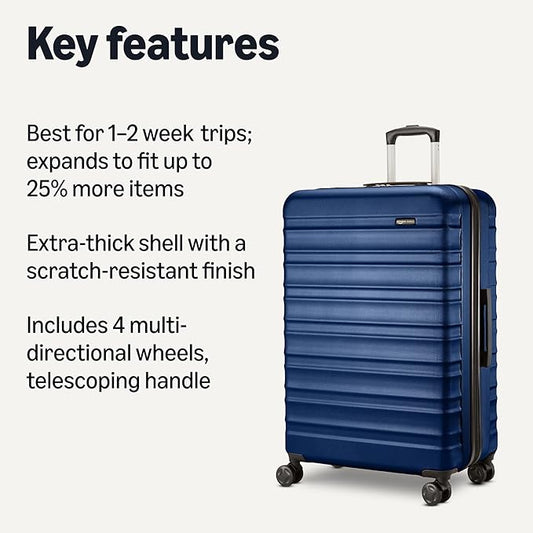 Amazon Basics 26" Hardside Medium Checked Luggage, Hardshell Suitcase With Wheels, Expandable For Up to 15% More Space, With Scratch-Resistant Surface, Four Multi-directional Wheels, Navy Blue