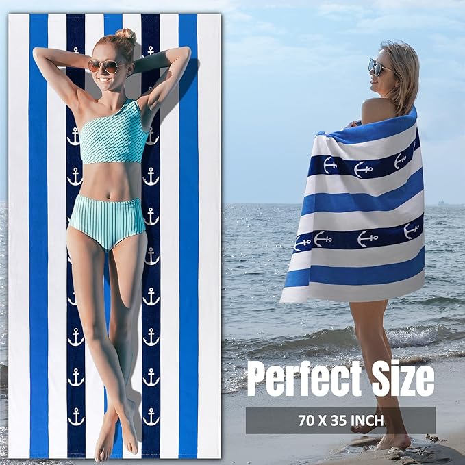 cabanana Large Beach Towel Oversized - Cotton Velour 35 x 70 Inch Anchor Striped Terry Pool Towel, Cabana Soft Swimming Towel for Adults Women Men (Navy Blue)
