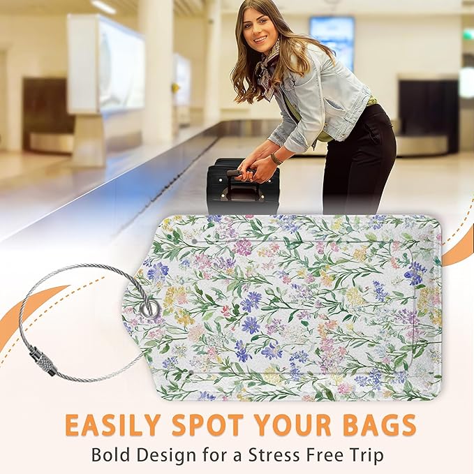 Colorful Vintage Watercolor Wildflower 3 PCS PU Leather Luggage Tags for Suitcase, Luggage Tag with Privacy Flap, Name ID Label and Metal Loop for Women Men Baggage Handbag School Bag Backpack