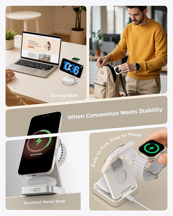 3 in 1 Magnetic Wireless Charging Station for Mag-safe Charger, Foldable Travel Charger with Night Light, 15W Fast Charging Stand with 25W Adapter, for iPhone17-12, Apple Watch, AirPods -Beige