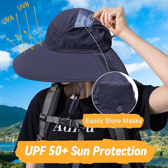 Sun Hats for Men Women Detachable Face Cover Wide Brim Fishing Hats with Neck Flap UPF 50+ Outdoor Safari Hats