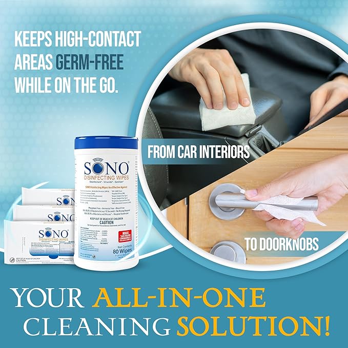 SONO Disinfecting Wipes - 80 Count (Canister of 1) and 60 Count (Pack of 3) + Sanitizer, Medical-Grade, Alcohol-Free, No Bleach, Gentle & Effective Multi-Surface Cleaning Solution