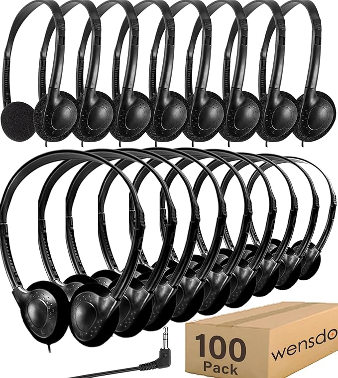 Bulk Headphones 100 Pack for Classroom School Kids, Wholeslae Wired Durable Earphones Class Set for Students Children Toddler Teens Boys Girls and Adult (HY857,100 Black)