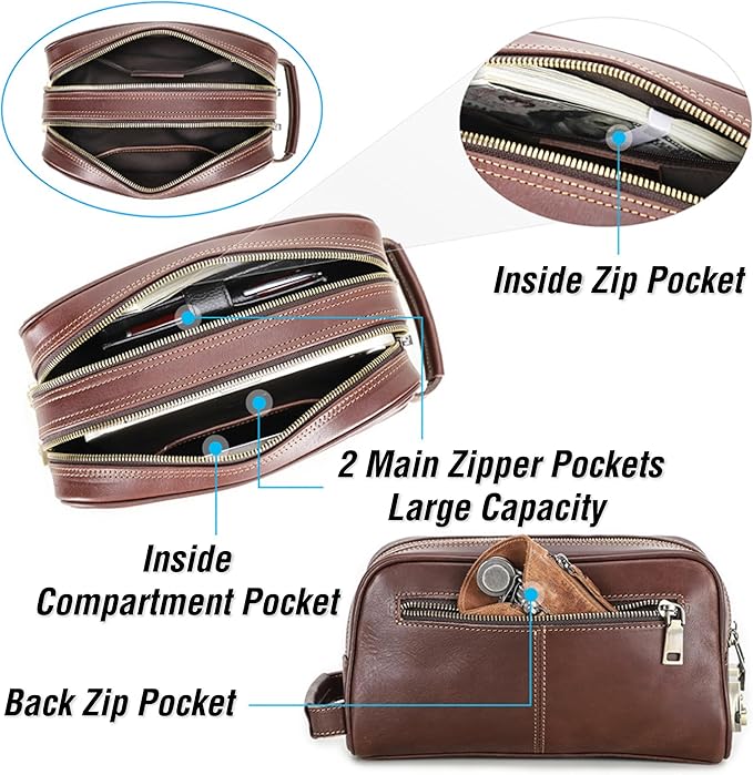 Top Grain Genuine Leather Travel Organizer Clutch Bag, Handmade Retro Vintage Design, 3 Zipper Pockets & Combination Locks, Portable Storage Bag for Phone/Cable/Charger/Cash/Toiletry/Makeup, Red Brown