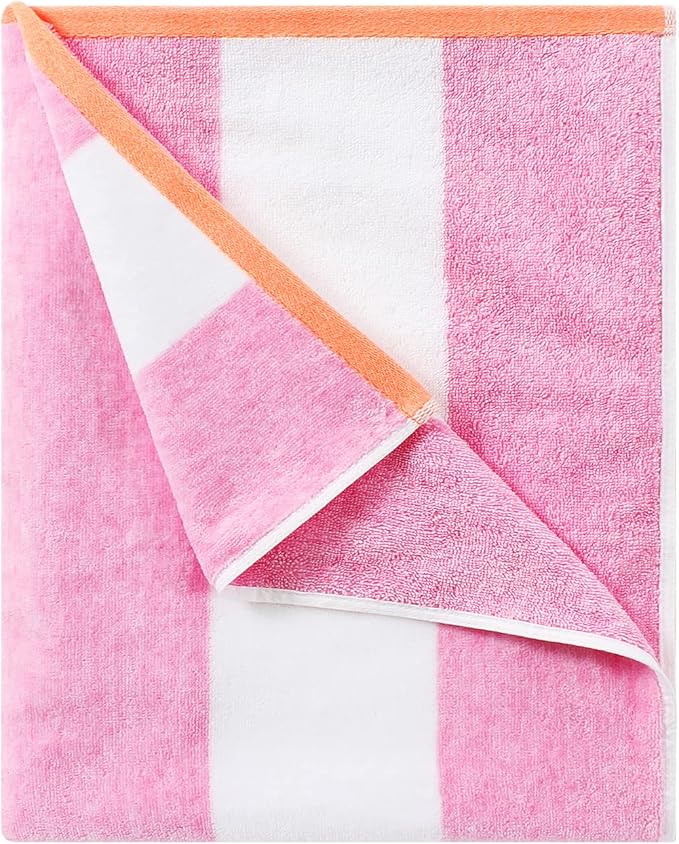 Cotton Oversized Beach Towel - Large 70 x 35 Inch Pool Towel, Rose Red Striped Quick Dry Swimming Cabana Towel