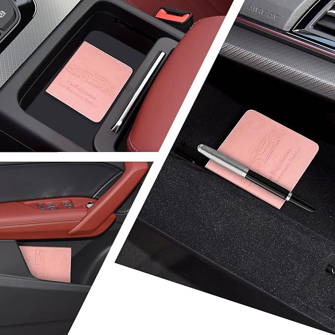 2-Pack Registration and Insurance Card Holder, Vehicle Glove Box Car Organizer with Magnetic Closure, Interior Pink Car Accessories for Documents, Cards, License Storage