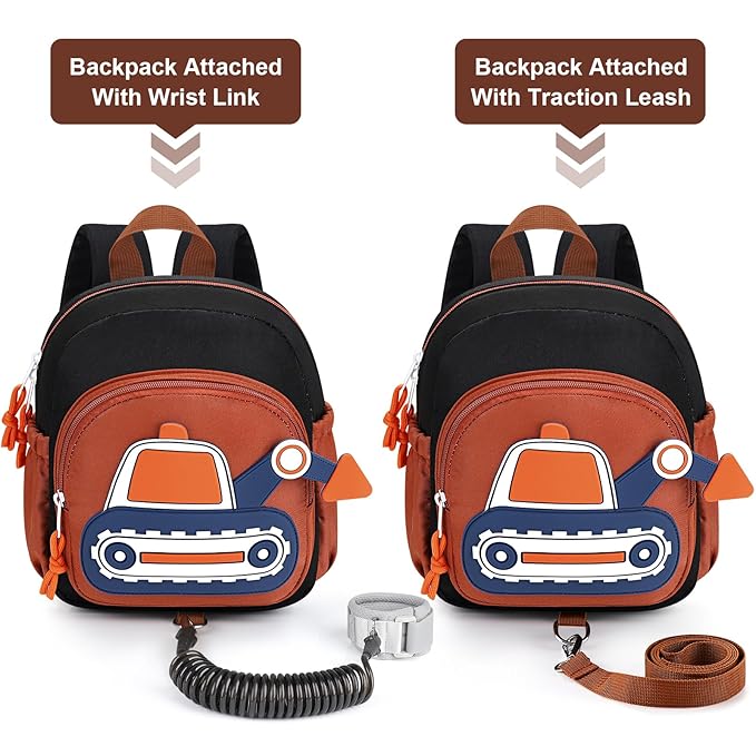 Accmor Toddler Leash Backpack, Children Safety Walking Harness Cute Excavator Bag with Anti Lost Wrist Link, Kids Travel Essential Mini Rucksack Back Pack with Strap Tether for Baby Boys