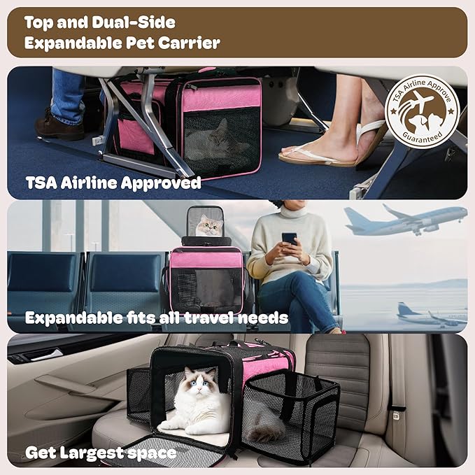 Top and 2 Sides Expandable Cat Carrier 17x11x11, TSA Airline Approved Dog Carriers for Medium Dogs, Soft-Sided Pet Carrier with Self-Locking Zippers for Kitten,Rabbit, Puppy, Guinea Pig Pink