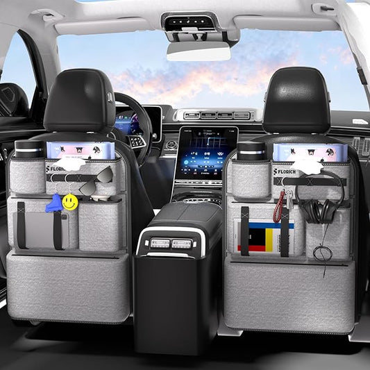 FLORICH 2 PACK PU Coated Fabric Car Backseat Organizer, Durable Large capacity Seat Back Organizer and Storage with 6 Pocket, Kick Mats Back Seat Protector for Kids Universal Fit